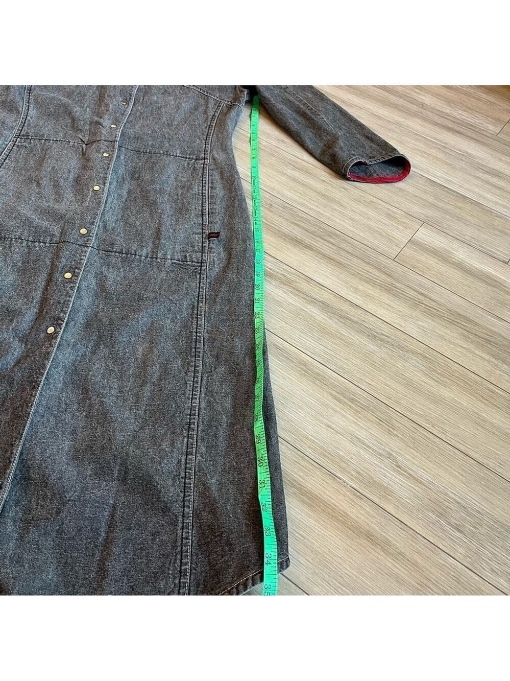 Midi Denim Shirt Dress Faded Black Jean Dress Red Trim Snap ButtonsTRISTAN Small - Picture 14 of 16